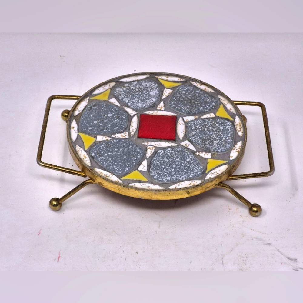 Vintage MCM Mosaic Trivet with Gold Toned Frame